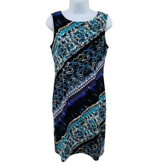 Connected Apparel Watercolor Blue Turquoise Geometric Design Sheath Dress - Picture 2 of 12